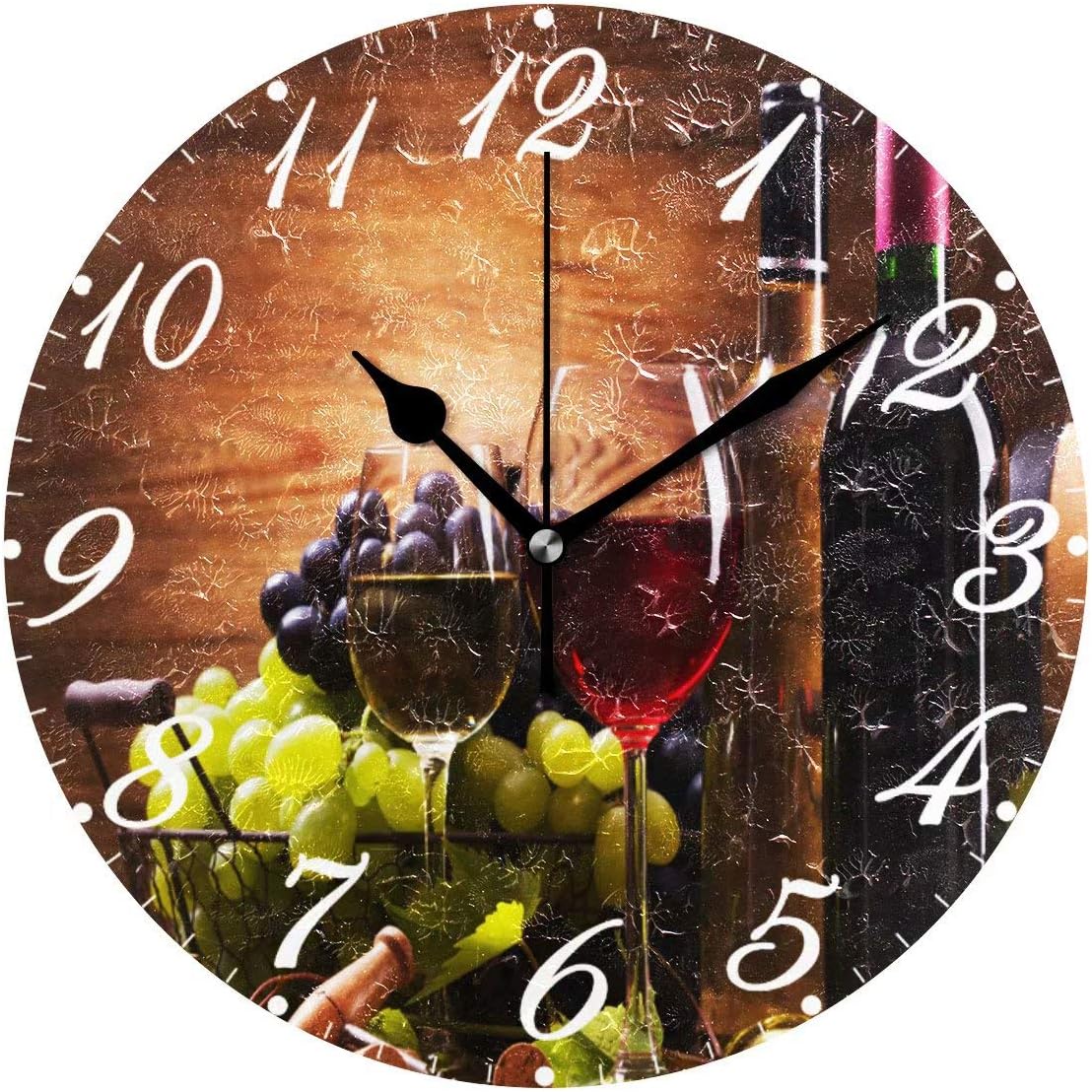 Pfrewn Wooden Wine Wall Clock Silent Non Ticking,Round Grape Floral Retro Clocks Battery Operated Watercolor Vintage Desk Clock 10 Inch Quartz Analog Quiet Bedroom Living Room Home Decor