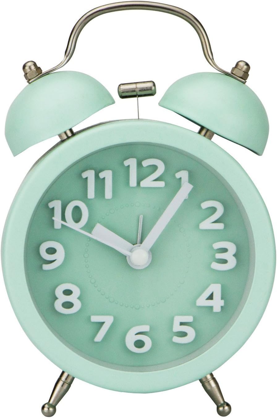 PILIFE Twin Bell Alarm Clock Loud Alarm Clock for Heavy Sleepers Bedrooms, Analog Alarm Clock, Small Alarm Clock, Retro Design for Kids, Battary Operation, 3 inch, Mint Green