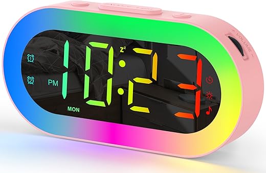 Pink Alarm Clock for Girls, Kids Alarm Clock with 7 Colors Night Light & Large Display, USB Ports, Timer, Dimmer, Sound Machine, Customize Alarm, Cute Digital Alarm Clock for Bedroom, Pink Room Decor