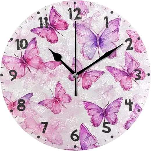 Pink and Purple Butterfly Wall Clock 10 Inch Silent Non-Ticking Battery Operated Round Wall Clock for Living Room, Home, Bathroom, Office Decor