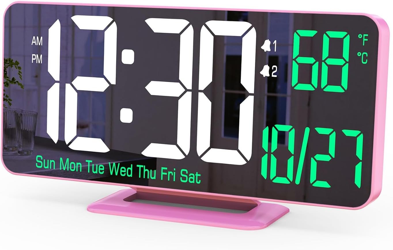 Pink Digital Clock 6.7In Desk Clock with Dual Alarm Clock, Dimming, 12/24H, Date