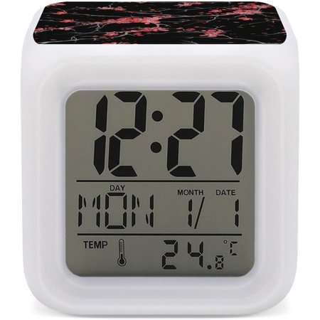 Pink Red Cherry Blossom Flowers On Black Mini Digital Alarm Clocks, Led Night Glowi[3900]