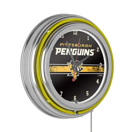 Pittsburgh Penguins Logo Retro Neon Analog Wall Clock with Pull Chain