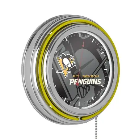 Pittsburgh Penguins Watermark Retro Neon Analog Wall Clock with Pull Chain