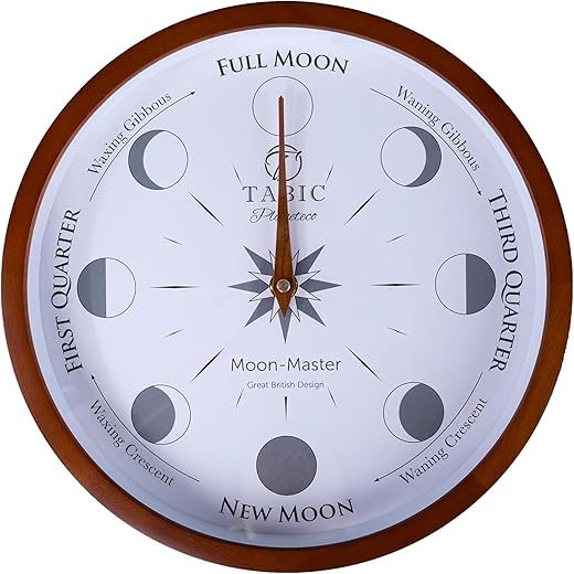 Planeteco Moon Master - Precision Lunar Phase Wall Clock - Accurate Moon Tracking & Easy-to-Read Dial for Lunar Cycle - Stylish Round Moon Phase Clock - Celestial Home Decor - Dark Stain