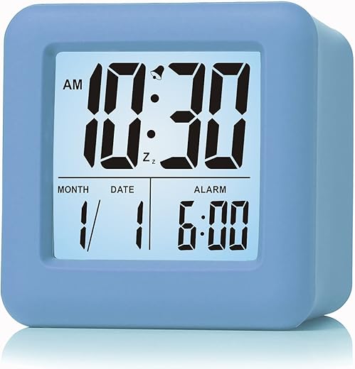 Plumeet Digital Alarm Clock Kids Clock with Snooze and White Nightlight - Easy Setting Travel Alarm Clocks Display Time, Date, Alarm - Ascending Sound - Battery Powered (Baby Blue)