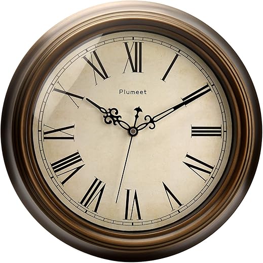 Plumeet Large Retro Wall Clock, 13'' Non Ticking Classic Silent Metal Clocks Decorative Kitchen Living Room Bedroom, Roman Numerals, Battery Operated(Brown)