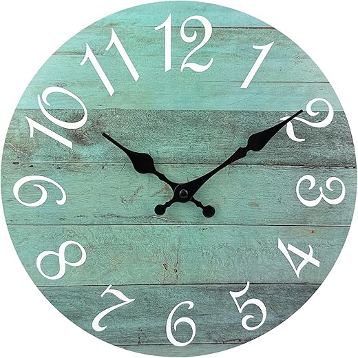 Plumeet Small Wall Clock, 10'' Frameless Wooden Wall Clocks with Silent Quartz Movement, Rustic Coastal Country Village Clocks Decorative for Kitchen Bedroom Living Room, Green