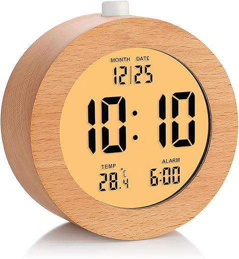 Plumeet Wooden Digital Alarm Clock for Bedrooms, Wood 4'' Battery Powered Alarm Clock with Snooze and Nightlight, Electronic LCD Desk Clock Display Time, Date, Temp, 12/24H, Wood Décor, Round