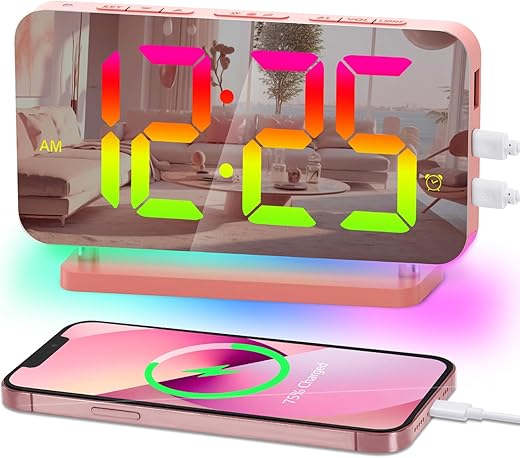 Poeroa RGB Digital Alarm Clock,7.4 in LED Desk Clock with Night Light,USB C Charger Port,Auto Dimming,Acrylic Mirror Clock for Teens Girl Adults Bedroom Decor - Pink