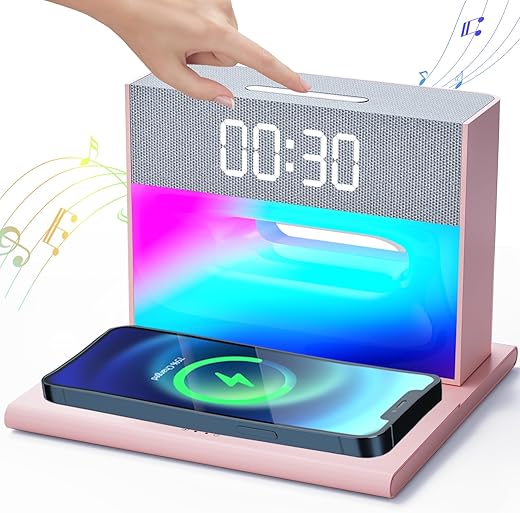 POHO Alarm Clocks for Bedrooms, Alarm Clock with Wireless Bluetooth Speaker, Alarm Clock with Wireless Charging, 4 in 1 Touch Bedside Lamp, Bluetooth Alarm Clock for Heavy Sleepers, Pink