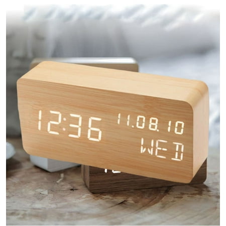 Pokanic Wood Digital Alarm Clock Desk Time, Date(MM / DD / YY), Day of The Week, Temperature, Nightlight Large LED Display Portable Lamp Bedroom, Office, School, Home, Livingroom, Room (Bamboo)