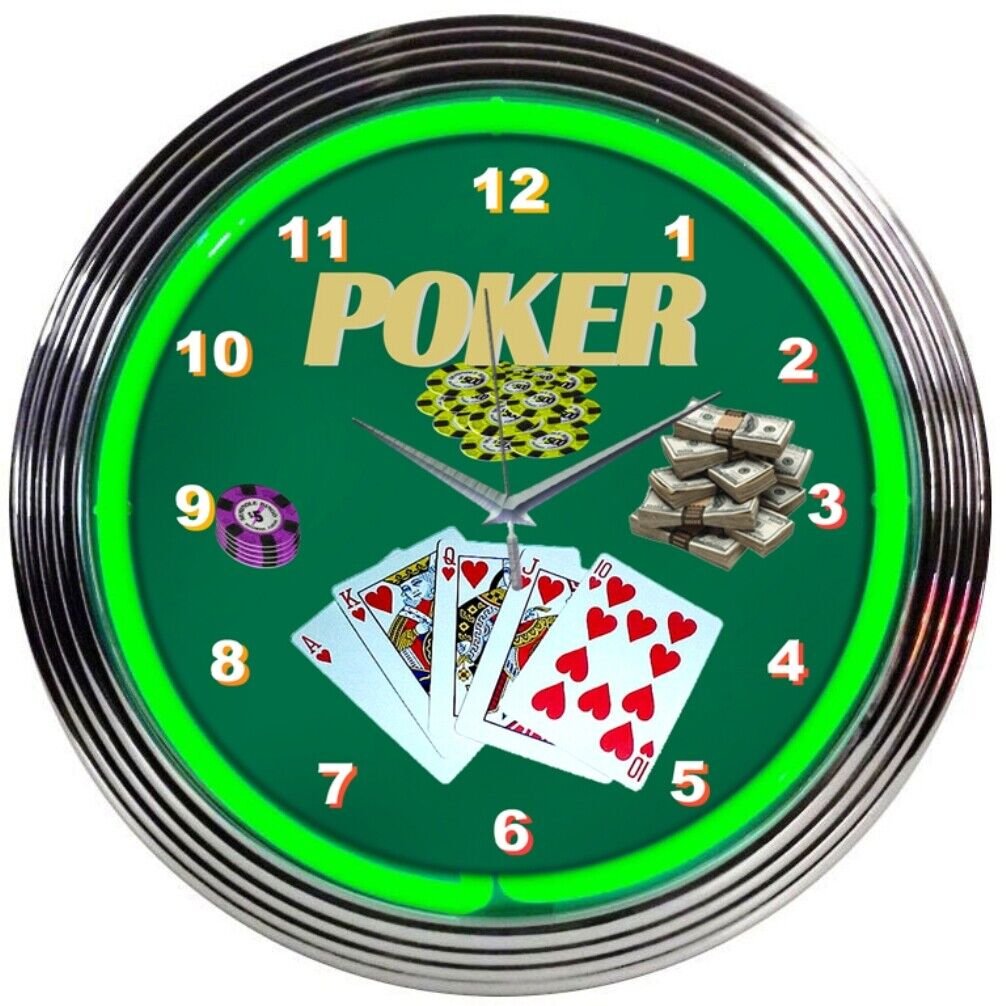 Poker Green Neon Clock Gameroom Basement Mancave Wall Art Decor