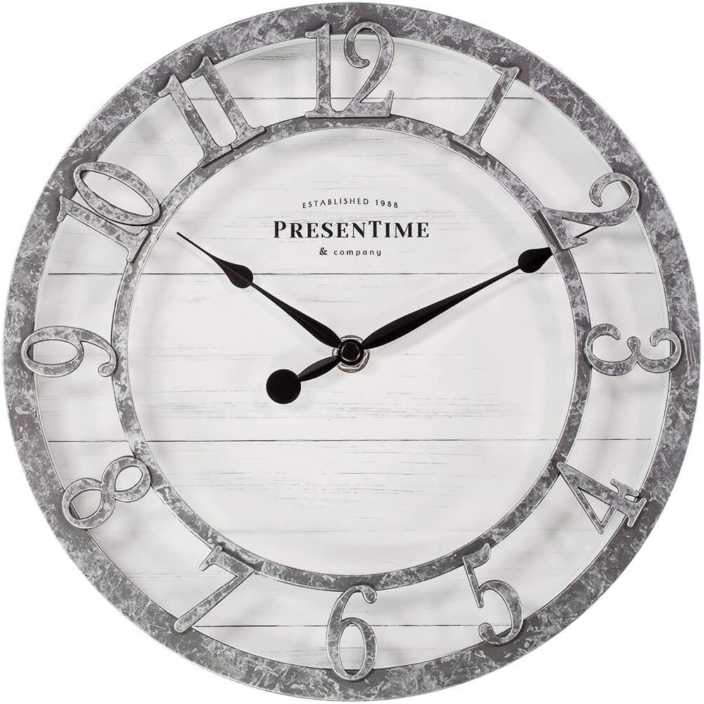 Presentime & Co 10 Farmhouse Series Wall Clock, Quartz Movement, Shiplap Style, Raised 3D Arabic Numeral, Galvanized Finish