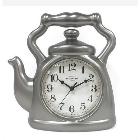 PresenTime & Co. 11 Teapot Clock, Silent Non Ticking, Modern Farmhouse Style, Wall & Mantel 2 in 1 Clock, Desk & Shelf Clock, Steel Silver Color Finish. (Wall Deocration / Home Decoration)