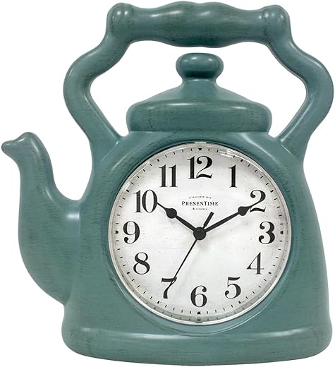 Presentime & Co. 11 Teapot Clock, Silent Non Ticking, Modern Farmhouse Style, Wall & Mantel 2 in 1 Clock, Desk & Shelf Clock, Aged Teal Finish (Wall Deocration/Home Decoration/Tabletop Décor)