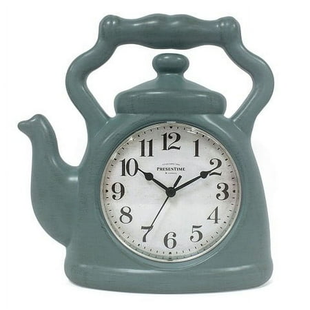 PresenTime & Co. 11 Teapot Clock, Silent Non Ticking, Modern Farmhouse Style, Wall & Mantel 2 in 1 Clock, Desk & Shelf Clock, Aged Teal Finish. (Wall Deocration / Home Decoration)