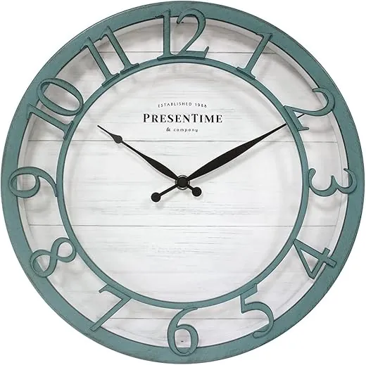 Presentime & Co 13 Farmhouse Series Wall Clock, Shiplap Style, Silent No Ticking, Coastal Clock, Raised 3D Arabic Numeral, Aged Teal Finish