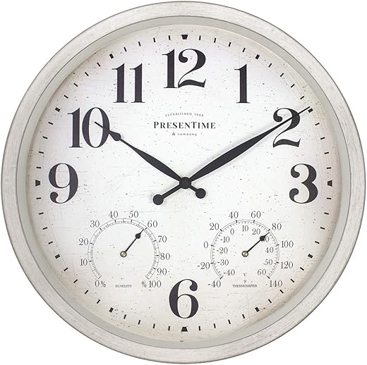 Presentime & Co 16 Farmhouse Series in/Outdoor Clock with Thermometer & Hygrometer, Weathered White Color. Weather Thermometer, Weather Station, Farmhouse Décor, Outdoor Décor, Wall Décor.