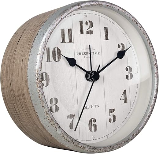 Presentime & Co 4 Farmhouse Tabletop Alarm Mantel Clock, Desk and Shelf Clock, Silent no Ticking, Light Grey Oak and Rusted Galvanized finish. Tabletop Décor, Home Décor, Farmhouse Décor