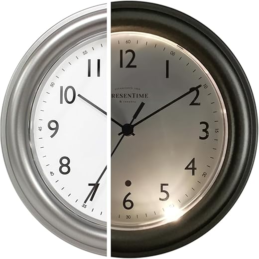 Presentime & Co. 8.5 Modern Farmhouse Night Light Wall Clock, Silent Non Ticking, Silver Color. (Luminous Wall Clock for Office, Home, Bathroom, Kitchen, Bedroom, and School)