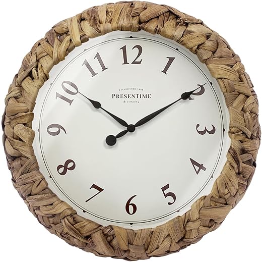 Presentime & Co. Farmhouse Series, Rustic Woven Clock, 12.6 inch, Natural Woven Water Hyacinth/Sea Grass. Wall Sculpture, Wall Art and Timepiece for Home Decoration/Wall Decoration/Farmhouse Décor