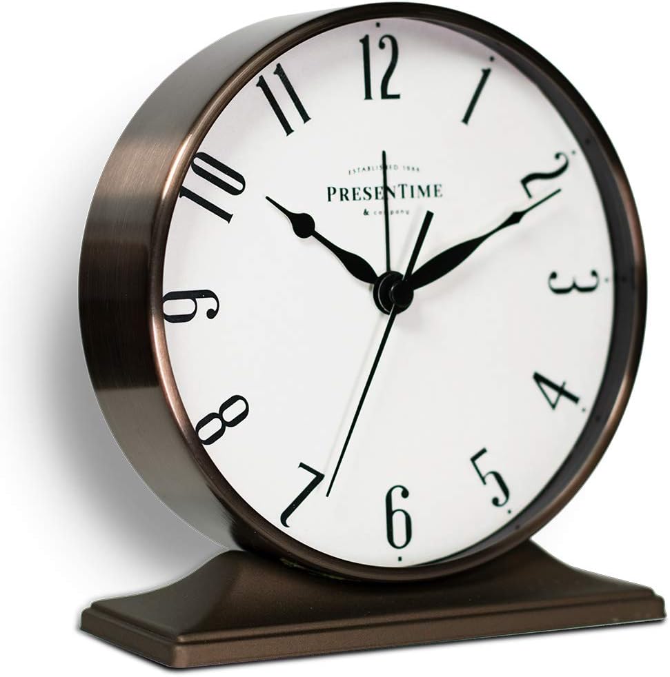 Presentime & Co Lewis Mantel Alarm Clock, Desk and Shelf Clock, Tabletop Decoration, 5.5 x 5 inch, Silent no Ticking, Metal Base, Bronze Finish, Arabic Numeral