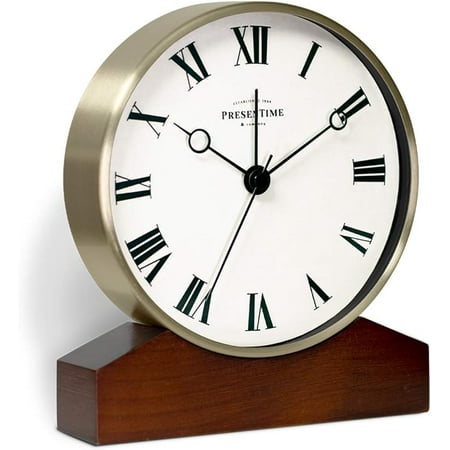 Presentime & Co Mozart Mantel Alarm Clock, Desk and Shelf Clock, Tabletop Decoration, 6 x 5.5 inch, Silent no Ticking, Wooden Base, Walnut Finish, Golden Color, Roman Numeral