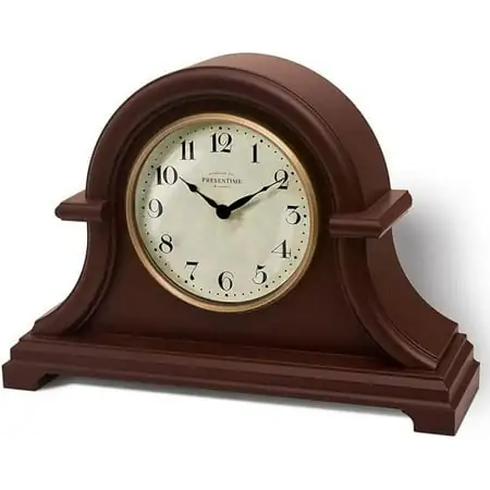 Presentime & Co. Vintage Farmhouse Mantel Clock Series, Napoleon Desk & Shelf Clock, 13 x 10 inch, Domed Lens, Quartz Movement, Walnut Brown Finish (Home Decoration/Tabletop Decoration)