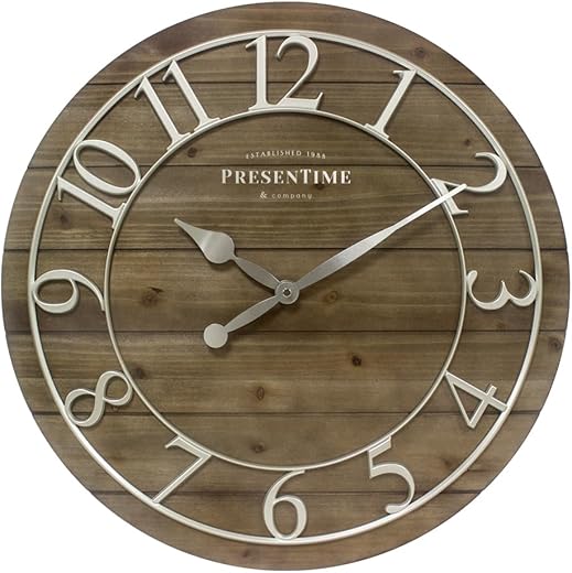 Presentime & Co Vintage Farmhouse Shiplap Clock, 19.5 inch, Silver Arabic Numerals with Weathered Pine Wood Shiplap Style. Large Farmhouse Decor for Living Room, Entryway, Home Office, Wall Décor