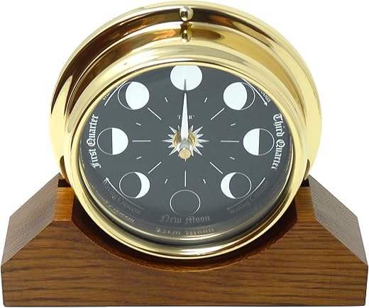 Prestige Brass Moon Phase Clock on a Solid English Oak Mantel/Display Mount