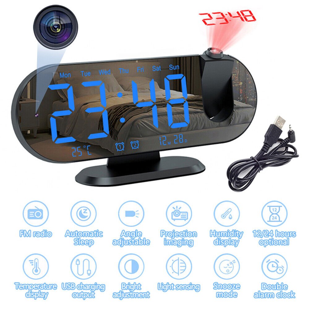Projection Alarm Clock 64GB WiFi Security Camera For Bedroom Radio Alarm Clock