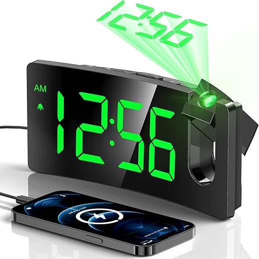 Projection Alarm Clock, Digital Clock with 180° Rotatable Projector, 3-Level Brightness Dimmer, Clear LED Display, USB Charger, Progressive Volume, 9mins Snooze,12/24H, Digital Alarm Clock for Bedroom