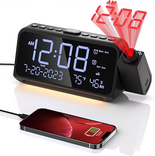 Projection Alarm Clock,Digital Clock with 350° Rotatable Projector,Weekday/Weekend Mode,5-Level Dimmer,Adjustable Volume,Temp & Humidity Monitor,Calendar,Snooze,12/24H,DST,Battery Backup, for Bedroom