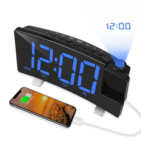 Projection Alarm Clock, Digital LED Display Projection Clock with Adjustable Dimmer & Volume and USB Charger, Dual Alarm Clock for Bedroom, Black