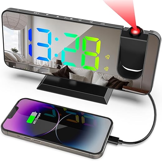 Projection Alarm Clock for Bedroom Ceiling,11 Colors RGB Digital Clock Large Display, 7.3'' Large Mirror Screen with Dual Alarm,5 Auto Dimmer,12/24H, Snooze,180°Projector on Ceiling