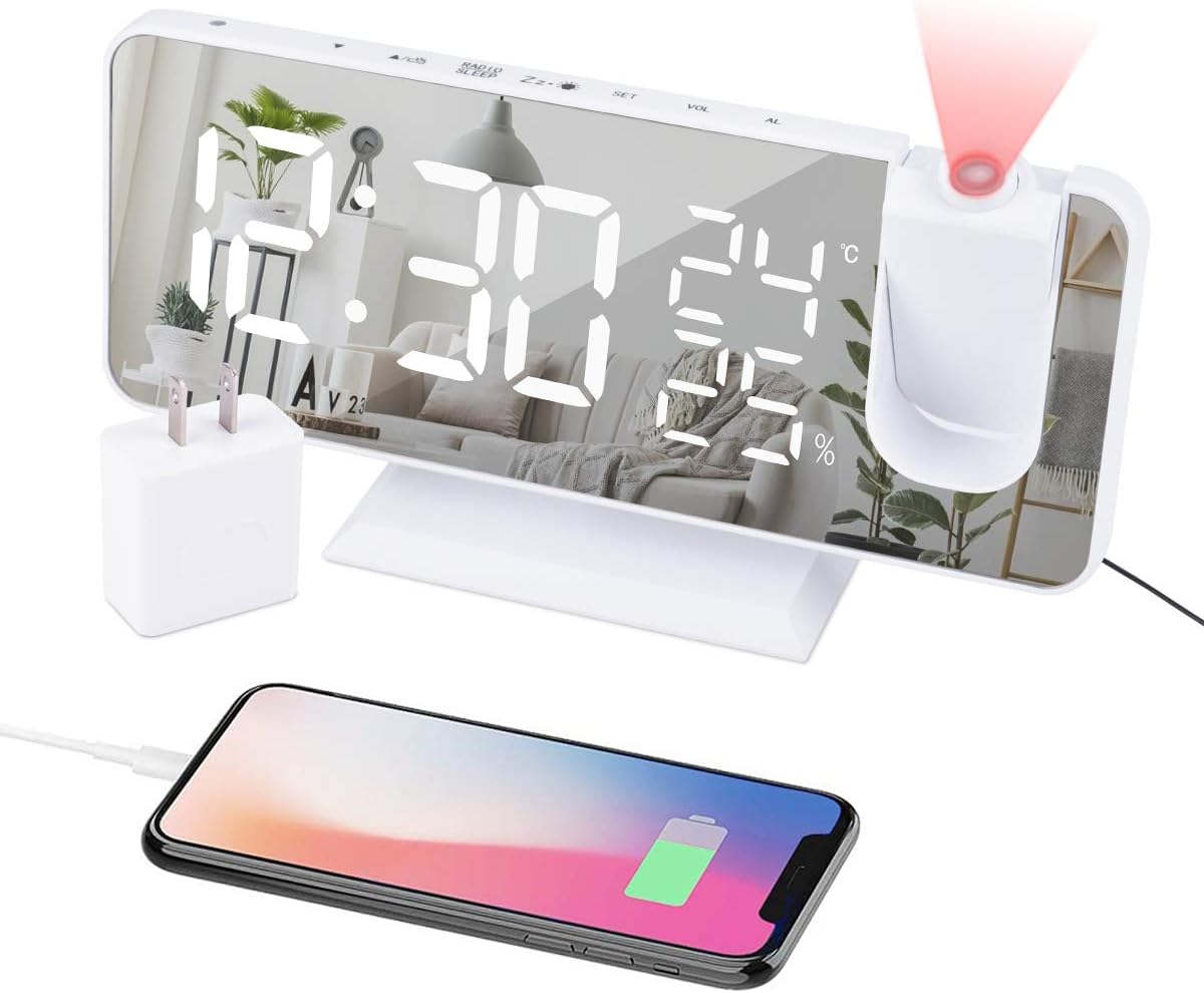 Projection Alarm Clock for Bedroom Ceiling Digital Clock Radio with USB Charger Ports, 7.3 Large LED Screen, 4 Dimmer, Dual Alarm Clock with 2 Sounds, Snooze, White