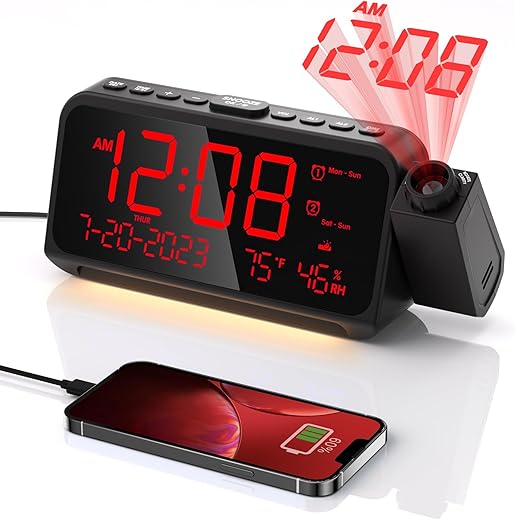 Projection Alarm Clock for Bedroom,Digital Clock with 350° Rotatable Projector,5-Level Dimmer,Dual Alarm with Weekday/Weekend Mode,Adjustable Volume,Temp,Humidity,Calendar,Snooze,12/24H,Night Light