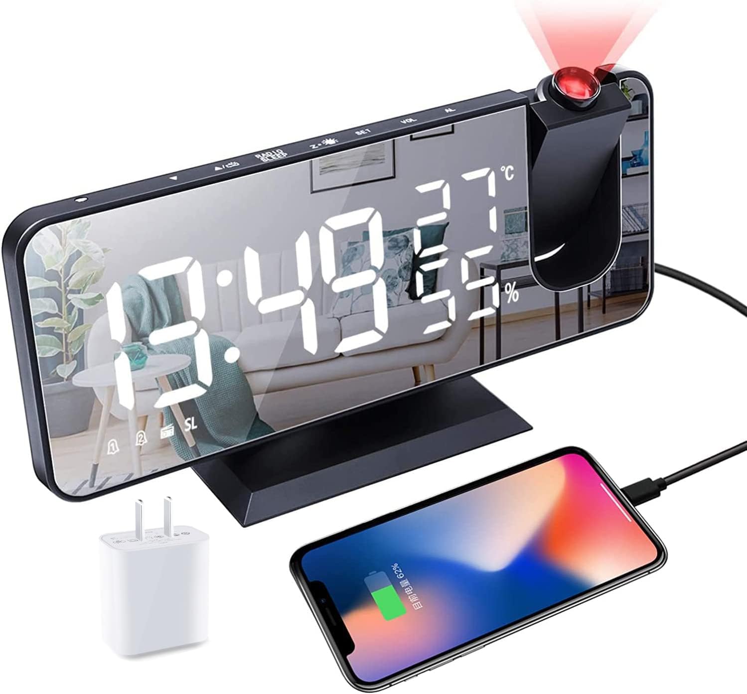 Projection Alarm Clock for Bedrooms Ceiling, Alarm Clock Radio with USB Charger Port, Temperature & Humidity Display, 7.3” Large LED Display,12/24H,Snooze,Dual Loud Alarm Clock- 4 Dimmer