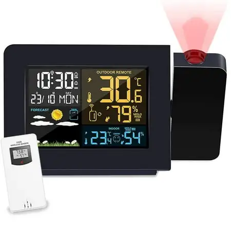 Projection Alarm Clock for Bedrooms with Indoor Outdoor Temperature Display, Dual Alarms Multi-Colored Backlight Projection Clock with Weather Forecast