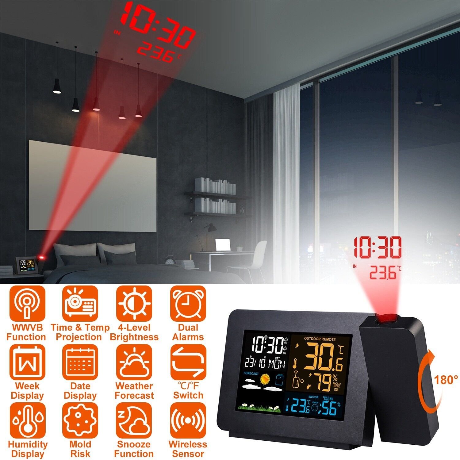 Projection Alarm Clock for Bedrooms w/ Weather Station, Wireless Indoor Outdoor