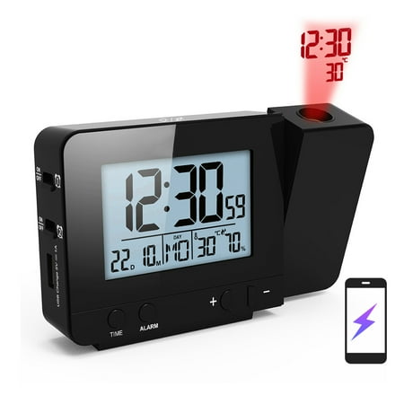 Projection Alarm Clock for Bedroom with Thermometer Hygrometer Digital Project Ceiling Clock Dimmable LED Display with USB 180°Rotable with Dual Alarms 12/24H Snooze