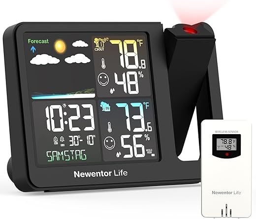 Projection Alarm Clock, Projector Alarm Clocks for Bedroom, Digital Indoor Outdoor Thermometer Wireless, Weather Station with Remote Sensor, Hygrometer with Time/Temperature Projecting