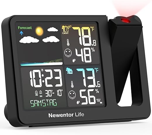 Projection Alarm Clock, Projector Alarm Clocks for Bedroom, Digital Indoor Outdoor Thermometer Wireless, Weather Station with Remote Sensor, Hygrometer with Time/Temperature Projecting