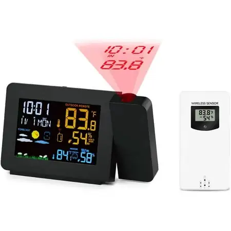 Projection Alarm Clock Weather Station, Protmex PT3391 WWVB Radio Controlled Clock Weather Monitor Indoor/Outdoor Thermometer, Dual Alarm Clocks for Bedrooms, LED Display with Dimmer, 12/24 Hours