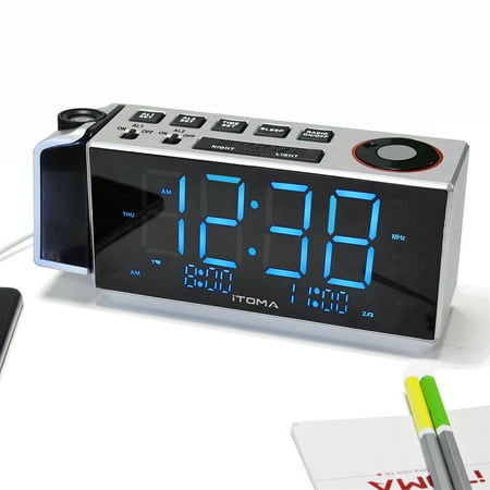 Projection Alarm Clock with FM Radio, USB Charging, 1.8'' LED Display, Night Light, Dual Alarm, Snooze, Dimmer Control, Bedside Clock Radio iTOMA CKS509