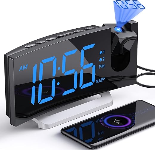 Projection Alarm Clock with FM Radio, USB Charging Port, 0-100% Dimmer, Dual Alarms, HD LED Display, 30 Preset Stations, Sleep Timer, 5 Alarm Sounds, Snooze, Curved Screen, Digital Clock for Bedroom