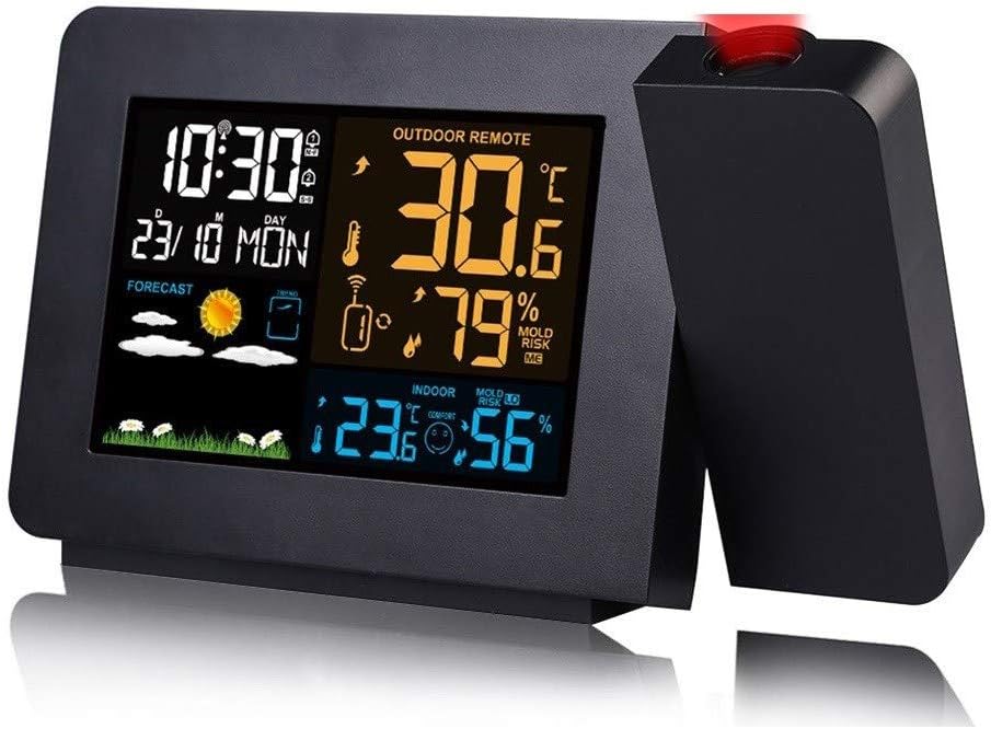 Projection Alarm Clock with Outdoor Sensor,Personal Weather Station for Bedroom, Projector Dimmable Clock Dual Alarms LCD,12/24H