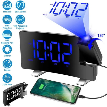 Projector Digital Clock with Radio, Moclever Projection Clock with Large LED Screen, USB Port, 2-Alarm Setting, Grad Gift(Blue)