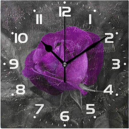 Purple Flower Rose Floral With Leaf Round/Square/Diamond Acrylic Wall Clock Oil Painting Home Office School Decorative Creative Dual Use Clock Art